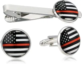 American Flag USA Tie Bar Clip and Cufflinks Set - Silver Colored Metal Plated - Luxury Clothing Accessories