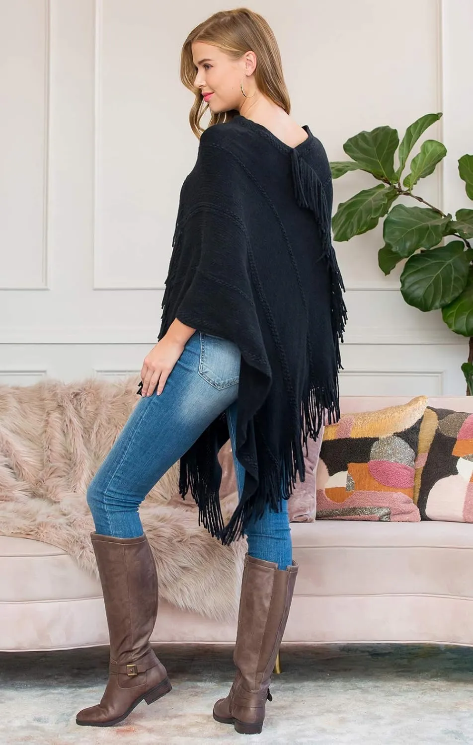 Classic Soft Knit Poncho Shawl Wrap - Basic Warm Pullover Fringe Tassel Sweater Chunky Crochet, Plain V-Neck