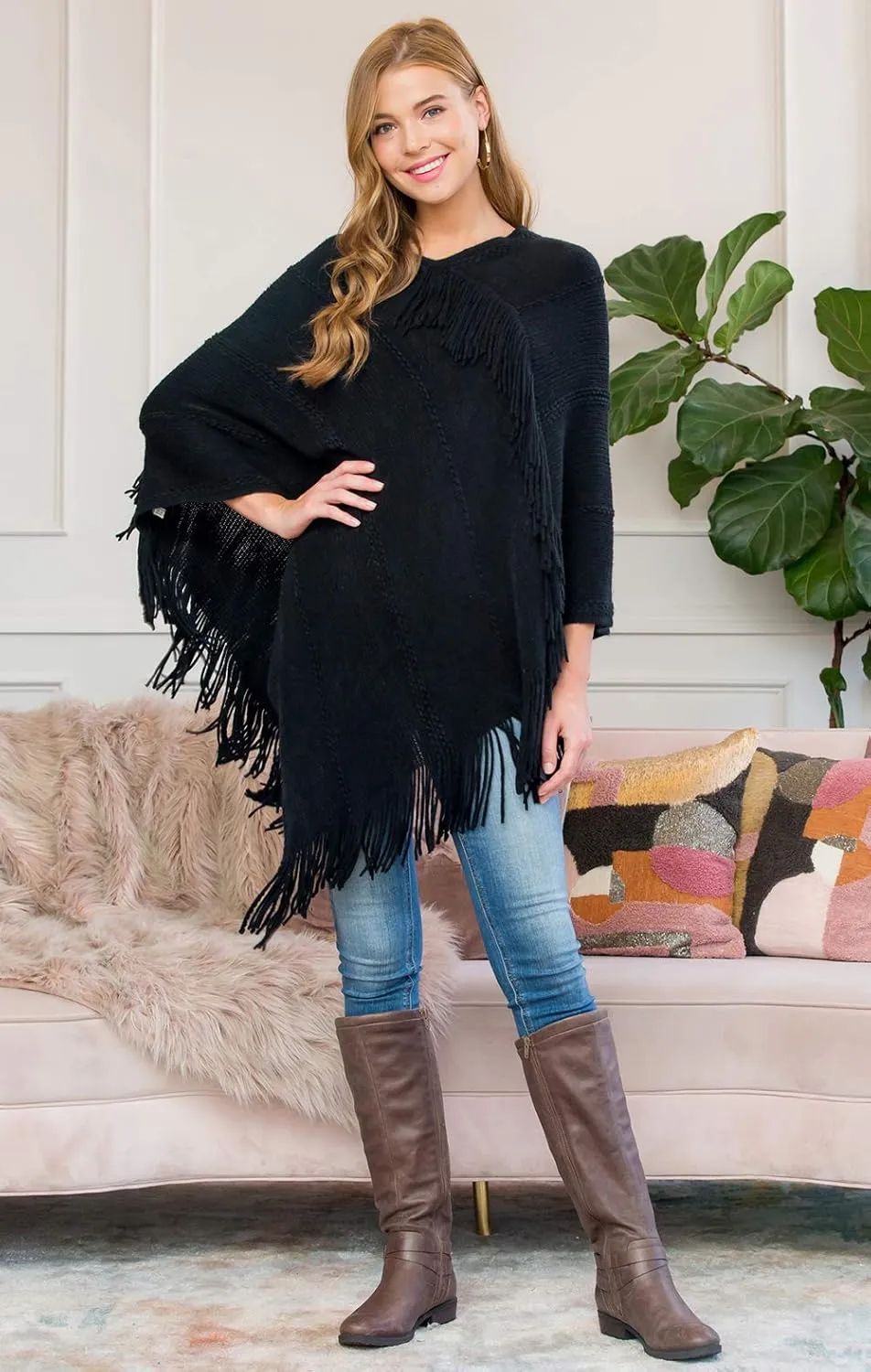 Classic Soft Knit Poncho Shawl Wrap - Basic Warm Pullover Fringe Tassel Sweater Chunky Crochet, Plain V-Neck