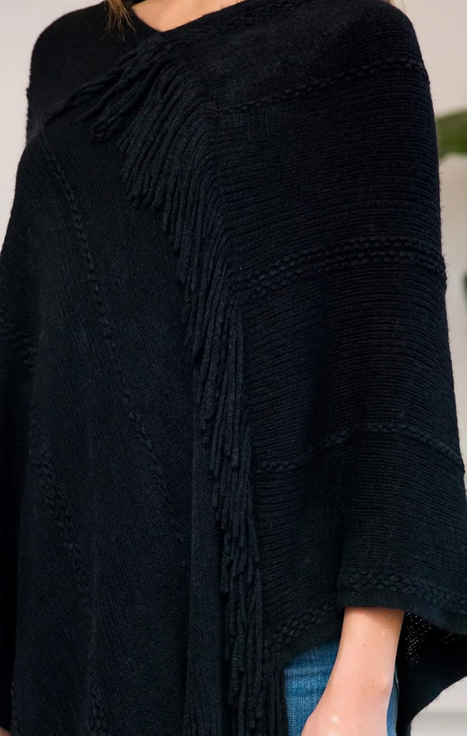 Classic Soft Knit Poncho Shawl Wrap - Basic Warm Pullover Fringe Tassel Sweater Chunky Crochet, Plain V-Neck