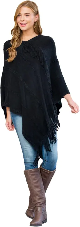 Classic Soft Knit Poncho Shawl Wrap - Basic Warm Pullover Fringe Tassel Sweater Chunky Crochet, Plain V-Neck