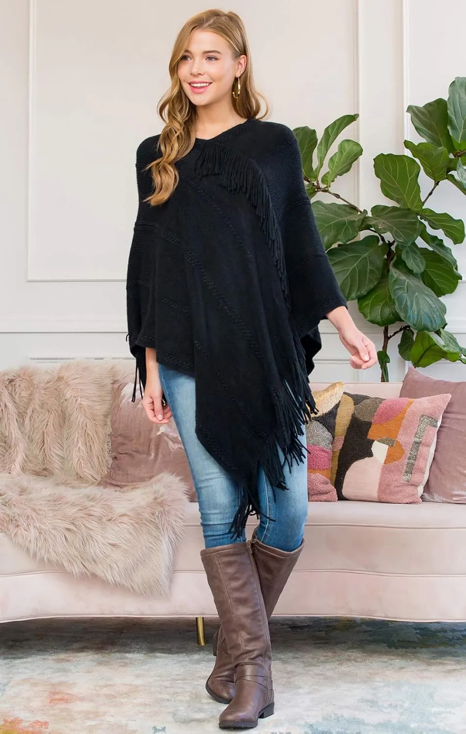 Classic Soft Knit Poncho Shawl Wrap - Basic Warm Pullover Fringe Tassel Sweater Chunky Crochet, Plain V-Neck