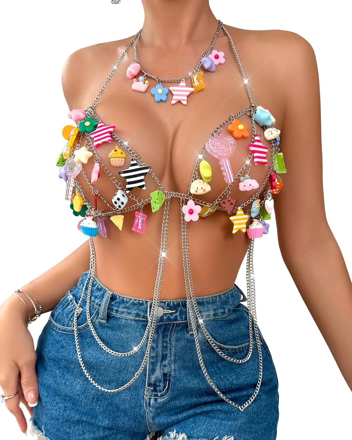 CORIRESHA Women's Sexy Metal Chain Cartoon Random Pendant Decoration Backless Halter Party Tank Top