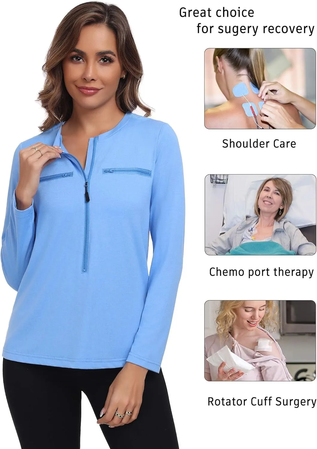 Deyeek Chemo Port Shirts for Women 2 Side Snaps Long Sleeve Shoulder Post Surgery Clothing Dialysis Breast Cancer Shirts
