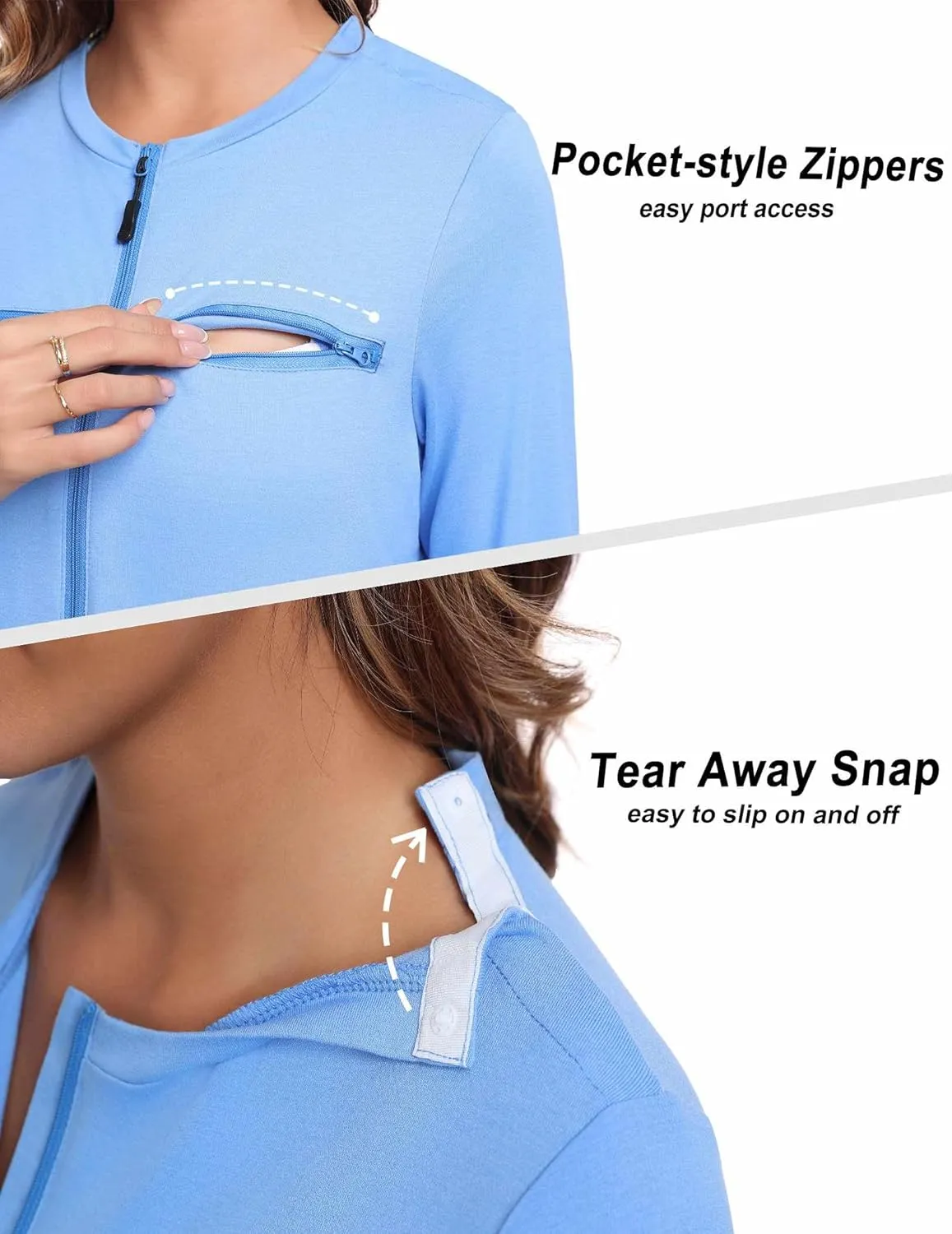 Deyeek Chemo Port Shirts for Women 2 Side Snaps Long Sleeve Shoulder Post Surgery Clothing Dialysis Breast Cancer Shirts