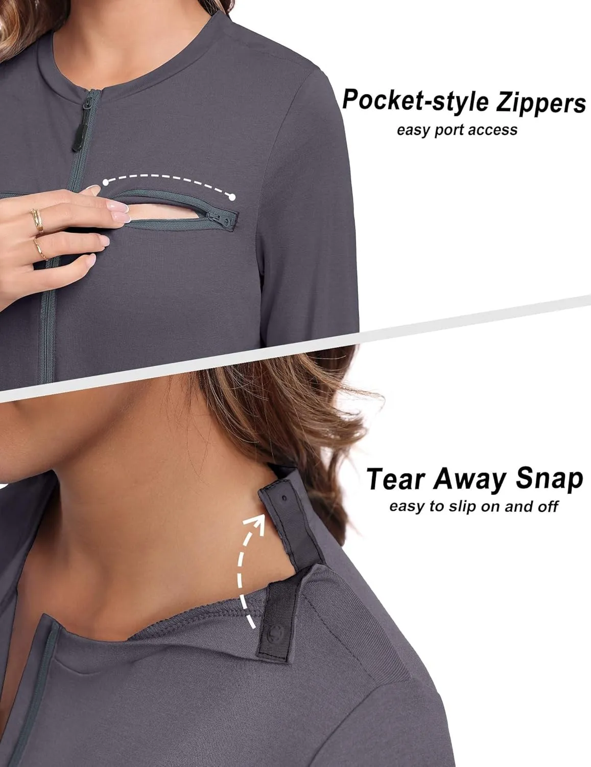Deyeek Chemo Port Shirts for Women 2 Side Snaps Long Sleeve Shoulder Post Surgery Clothing Dialysis Breast Cancer Shirts