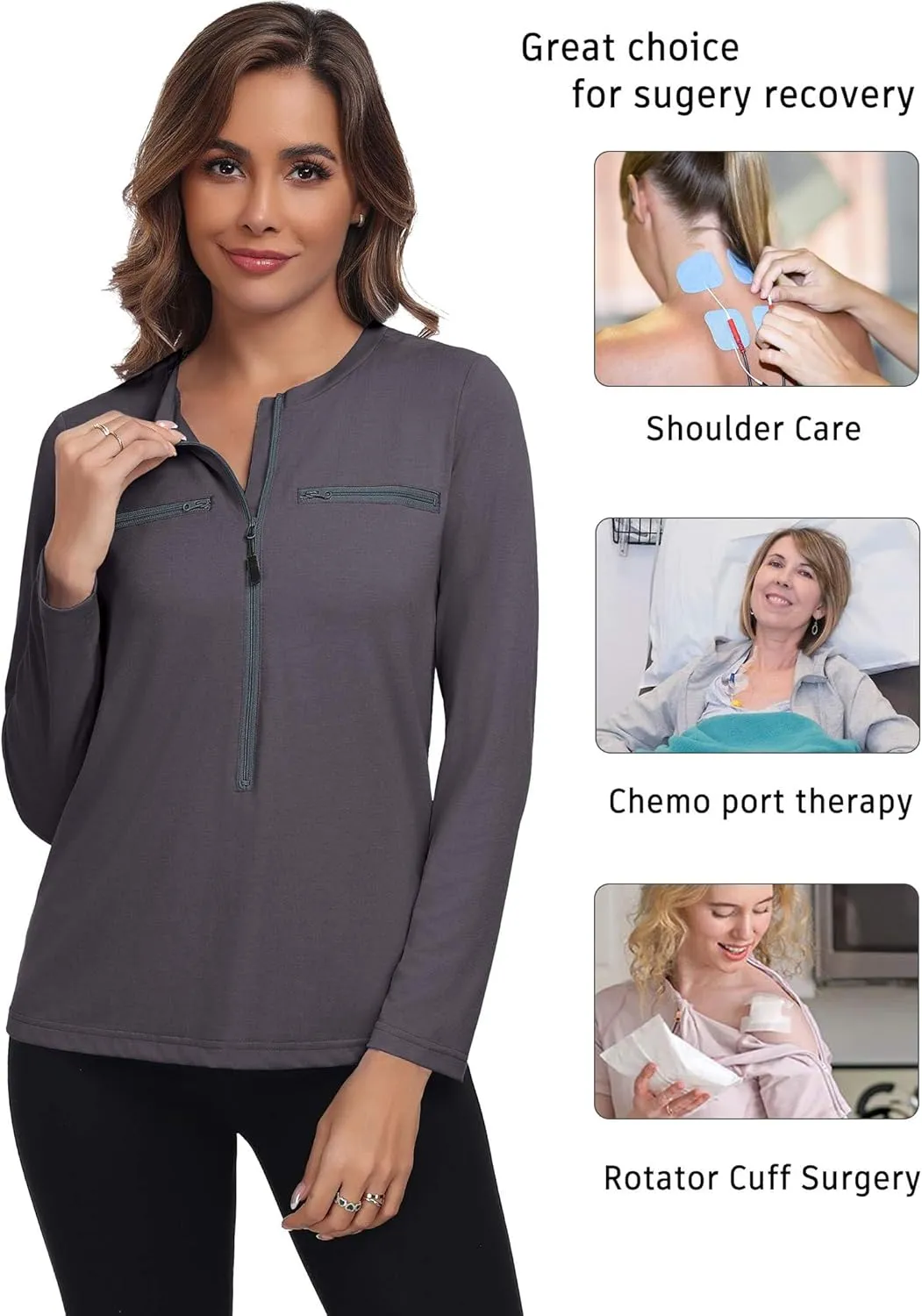 Deyeek Chemo Port Shirts for Women 2 Side Snaps Long Sleeve Shoulder Post Surgery Clothing Dialysis Breast Cancer Shirts