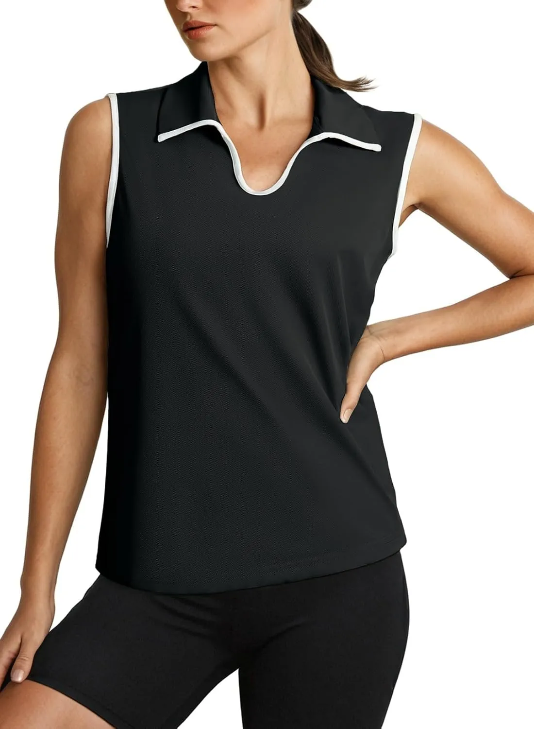 Dokotoo Women's Quick Dry Golf Polo Shirts Collared V Neck Sleeveless Tennis Shirt Stripe Workout Tops