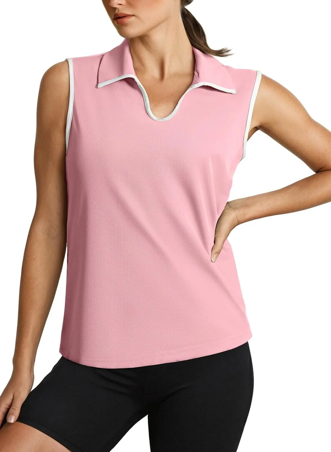 Dokotoo Women's Quick Dry Golf Polo Shirts Collared V Neck Sleeveless Tennis Shirt Stripe Workout Tops