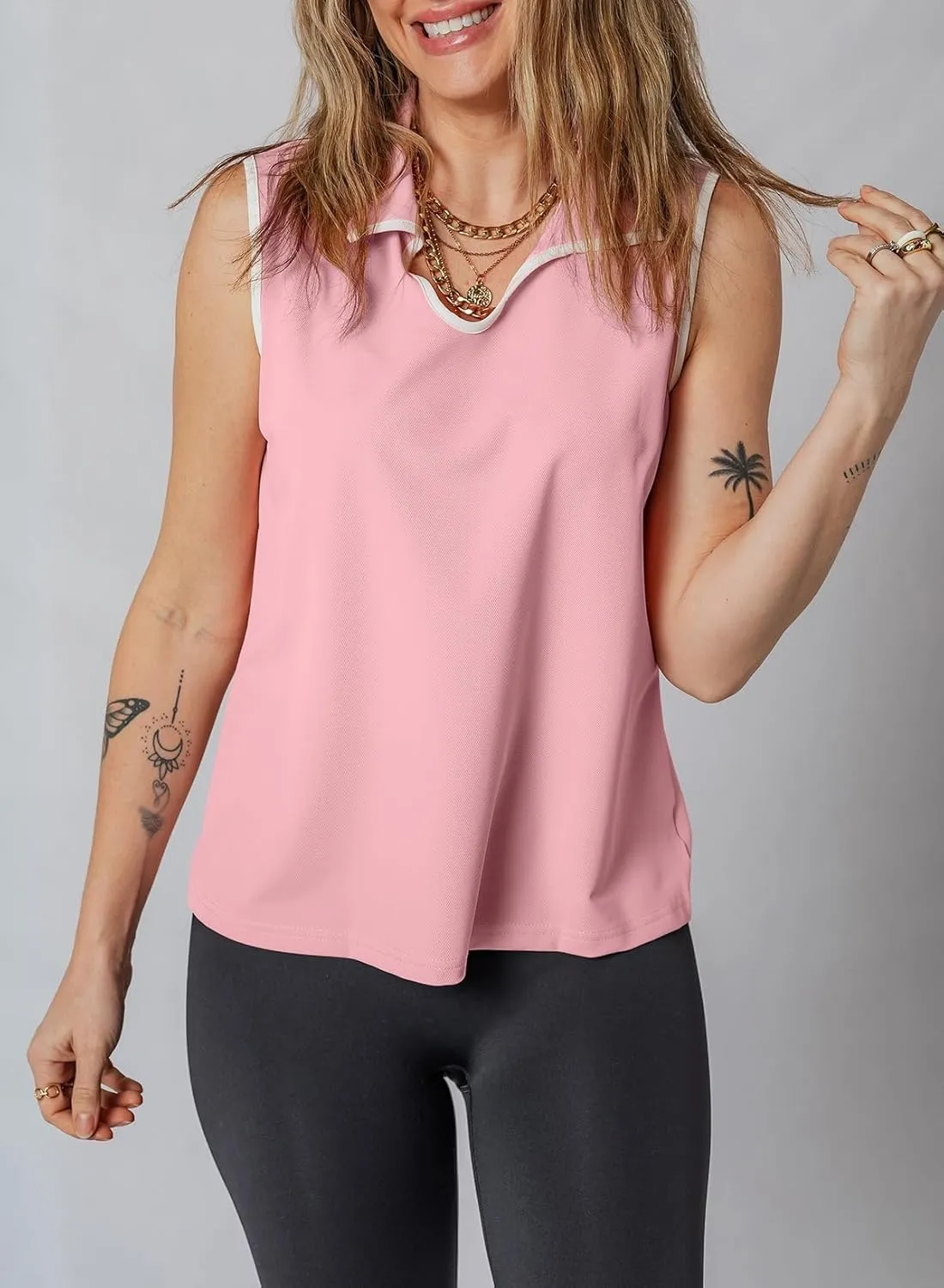 Dokotoo Women's Quick Dry Golf Polo Shirts Collared V Neck Sleeveless Tennis Shirt Stripe Workout Tops