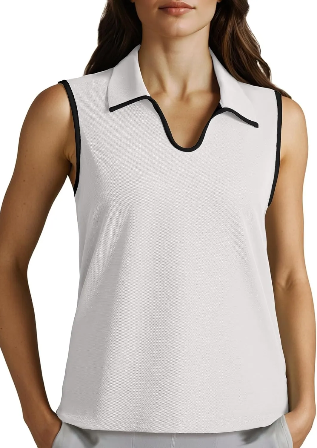 Dokotoo Women's Quick Dry Golf Polo Shirts Collared V Neck Sleeveless Tennis Shirt Stripe Workout Tops