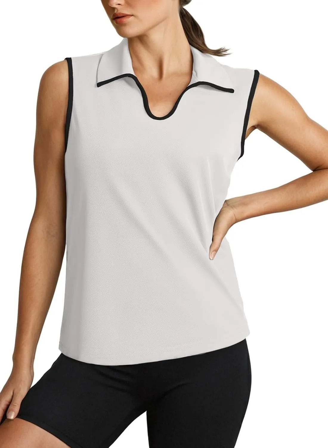Dokotoo Women's Quick Dry Golf Polo Shirts Collared V Neck Sleeveless Tennis Shirt Stripe Workout Tops