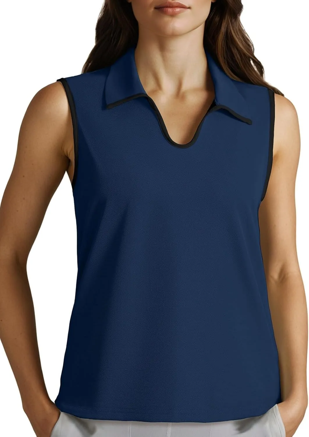 Dokotoo Women's Quick Dry Golf Polo Shirts Collared V Neck Sleeveless Tennis Shirt Stripe Workout Tops