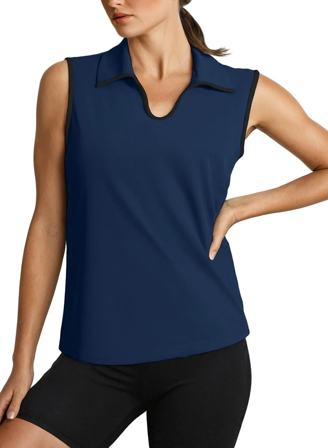 Dokotoo Women's Quick Dry Golf Polo Shirts Collared V Neck Sleeveless Tennis Shirt Stripe Workout Tops