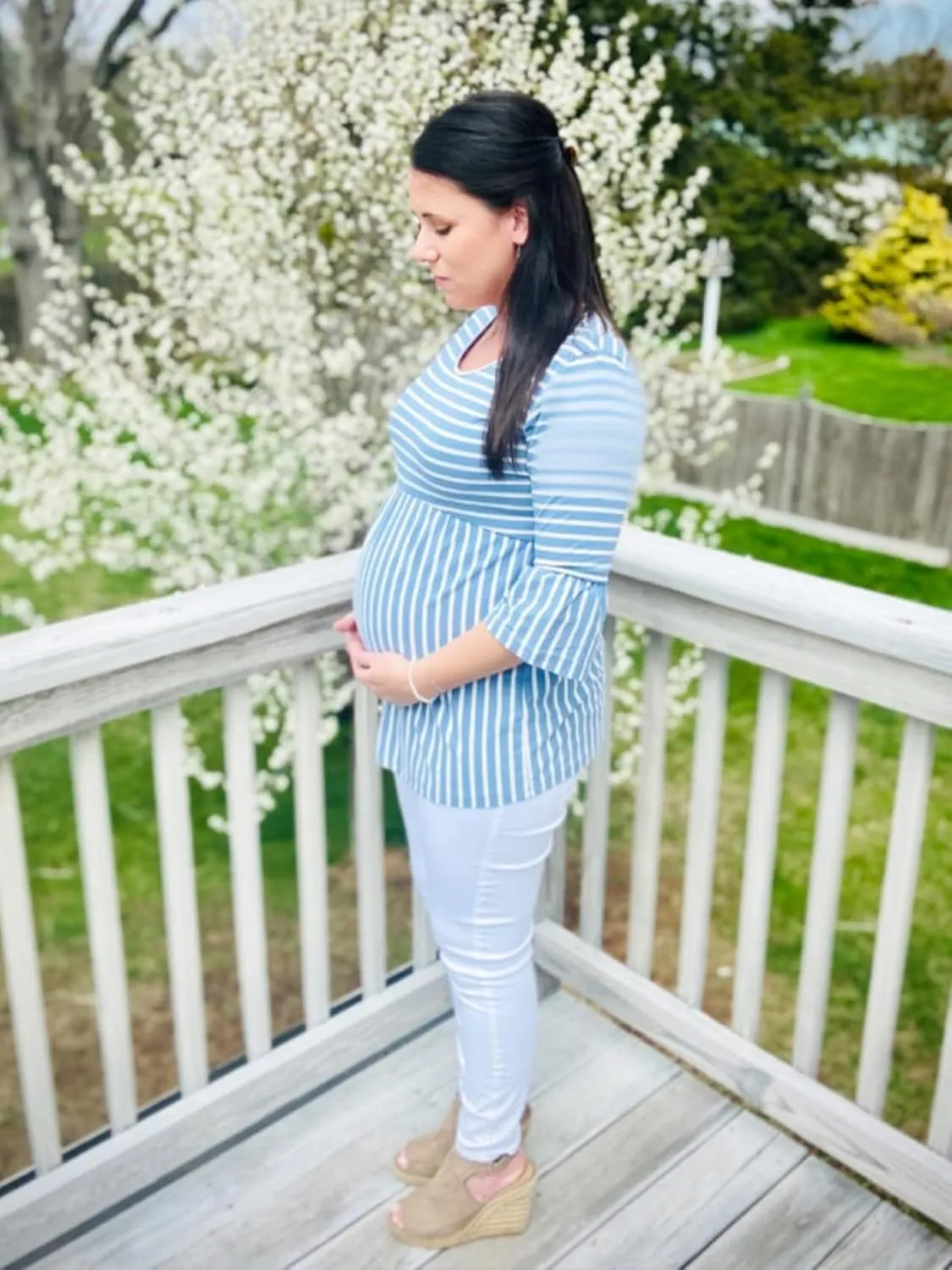 Ecavus Womens Casual Maternity Tops Striped Peplum 3/4 Ruffle Sleeve Shirt Ultra Soft Pregnancy Clothing