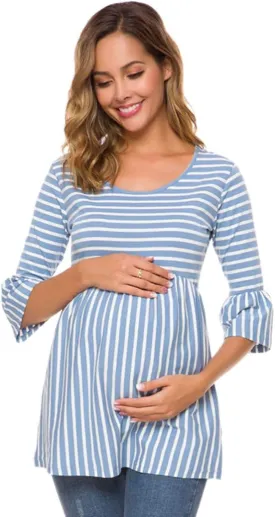 Ecavus Womens Casual Maternity Tops Striped Peplum 3/4 Ruffle Sleeve Shirt Ultra Soft Pregnancy Clothing