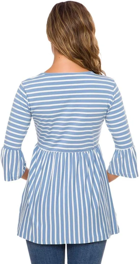 Ecavus Womens Casual Maternity Tops Striped Peplum 3/4 Ruffle Sleeve Shirt Ultra Soft Pregnancy Clothing