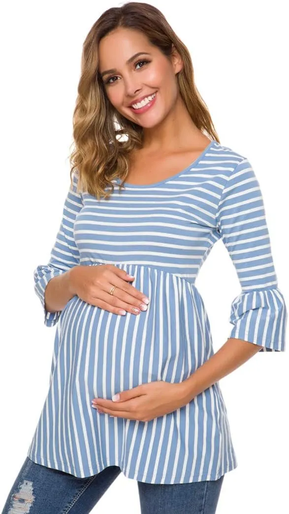 Ecavus Womens Casual Maternity Tops Striped Peplum 3/4 Ruffle Sleeve Shirt Ultra Soft Pregnancy Clothing
