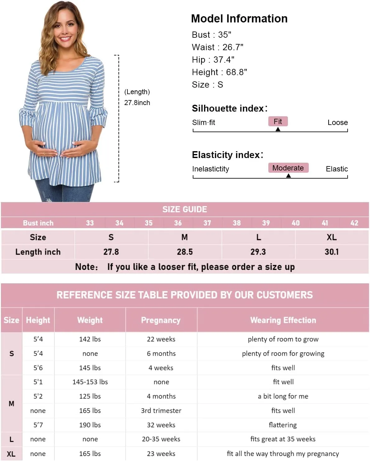 Ecavus Womens Casual Maternity Tops Striped Peplum 3/4 Ruffle Sleeve Shirt Ultra Soft Pregnancy Clothing
