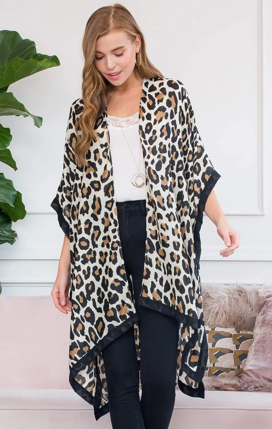 Exotic Animal Print Sheer Light Bikini Swim Cover Up Shawl - Kaftan Open Kimono Cardigan, Long Vest Leopard Tiger Cheetah