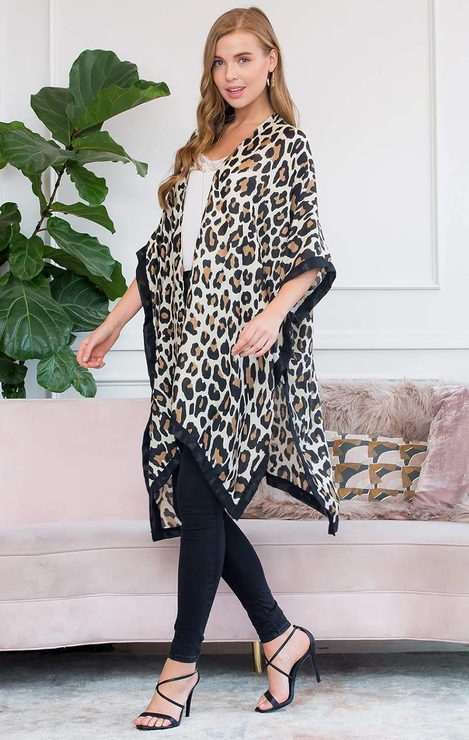 Exotic Animal Print Sheer Light Bikini Swim Cover Up Shawl - Kaftan Open Kimono Cardigan, Long Vest Leopard Tiger Cheetah