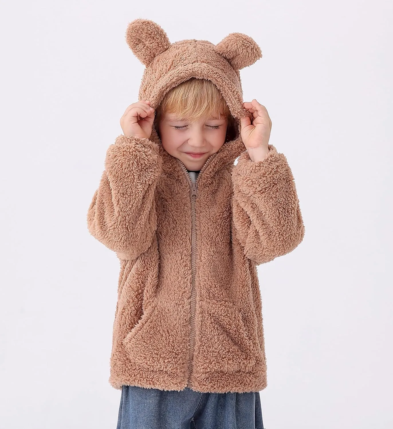 Feidoog Toddler Kids Fleece Hooded Jacket Coat with Ears Zipper Lightweight Long Sleeve Thick Warm Outerwear