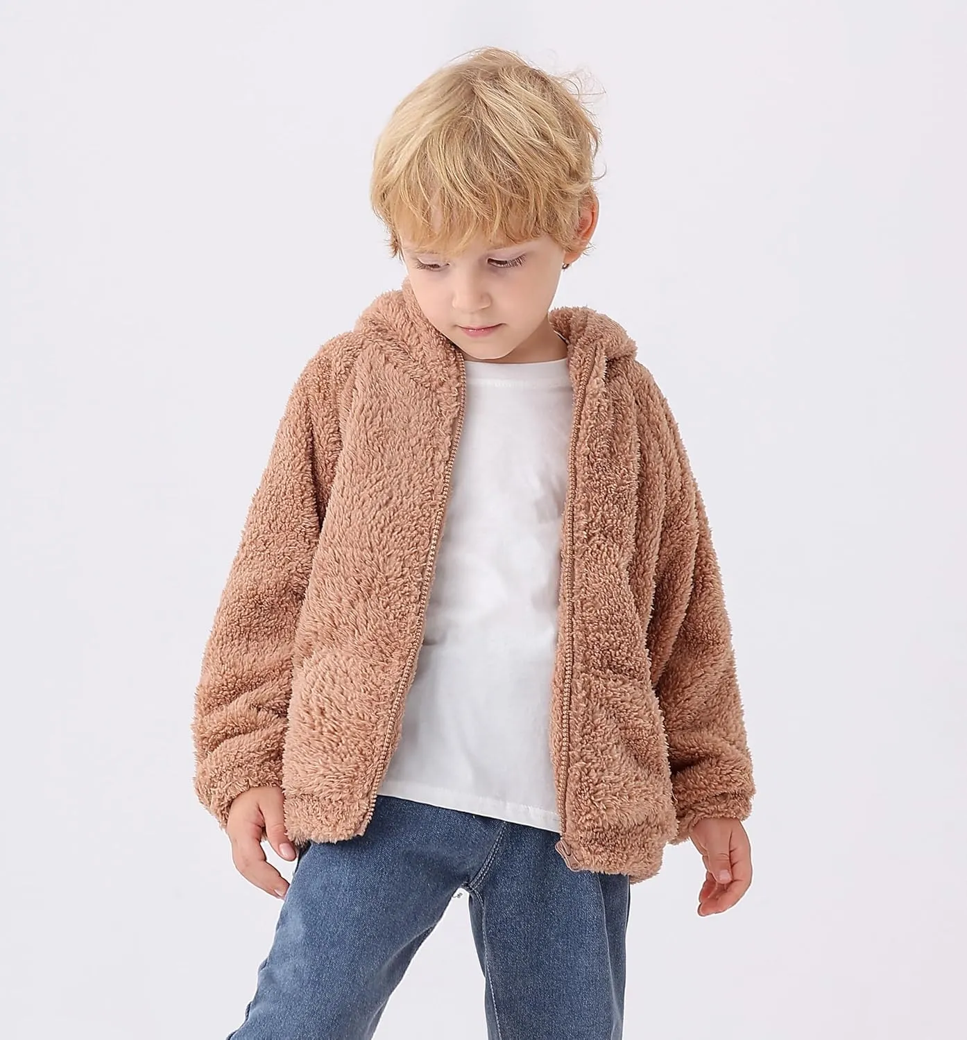 Feidoog Toddler Kids Fleece Hooded Jacket Coat with Ears Zipper Lightweight Long Sleeve Thick Warm Outerwear