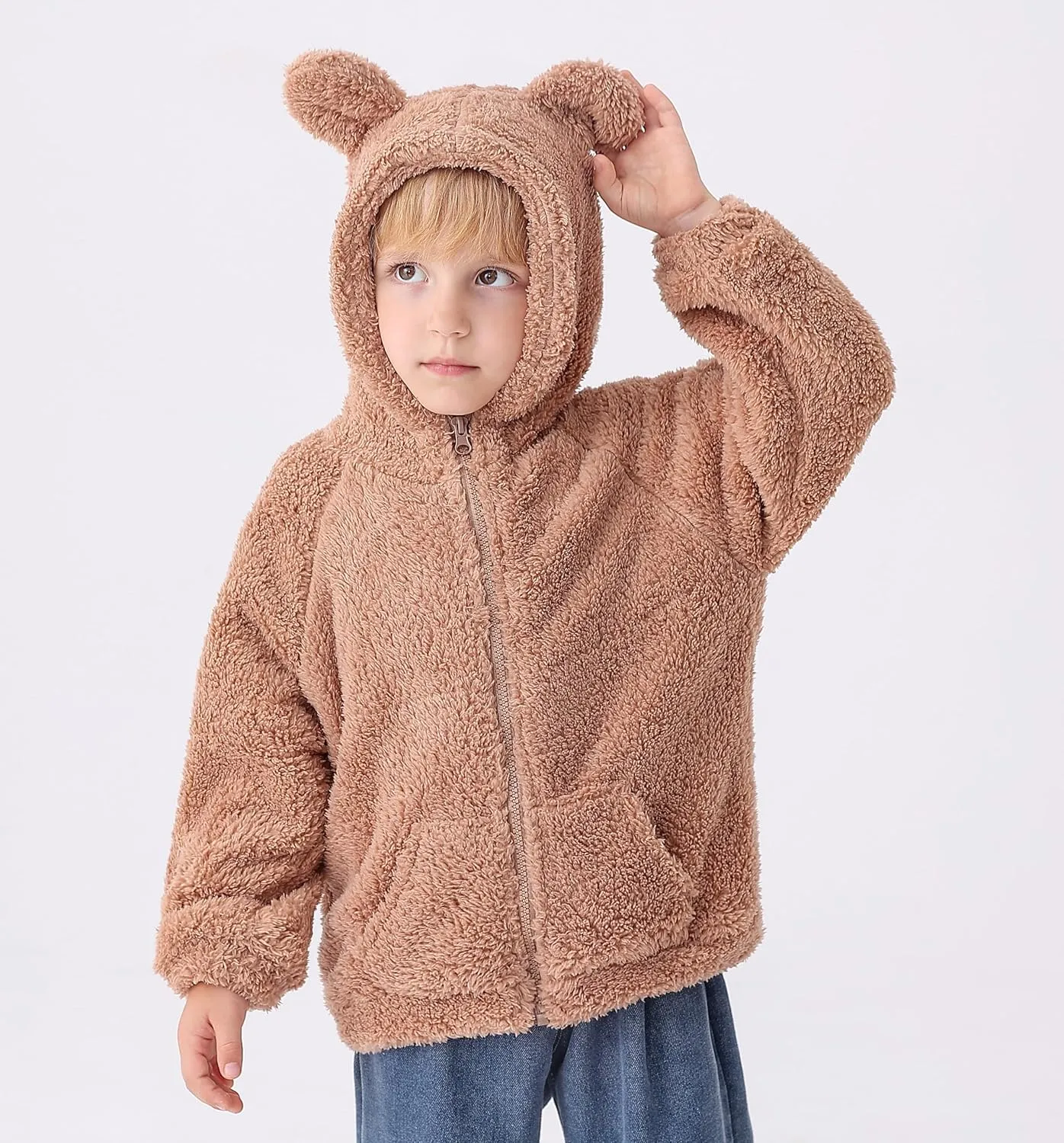 Feidoog Toddler Kids Fleece Hooded Jacket Coat with Ears Zipper Lightweight Long Sleeve Thick Warm Outerwear