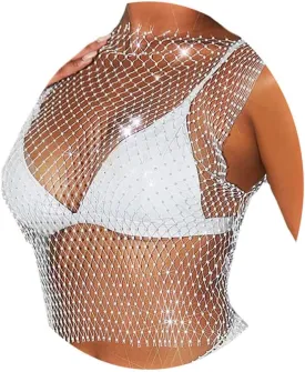 Fstrend Mesh Crystal Body Chain Sparkly Rhinestone Fishnet Crop Top See Through Tank Tops Bikini Rave Festival Accessories for Women