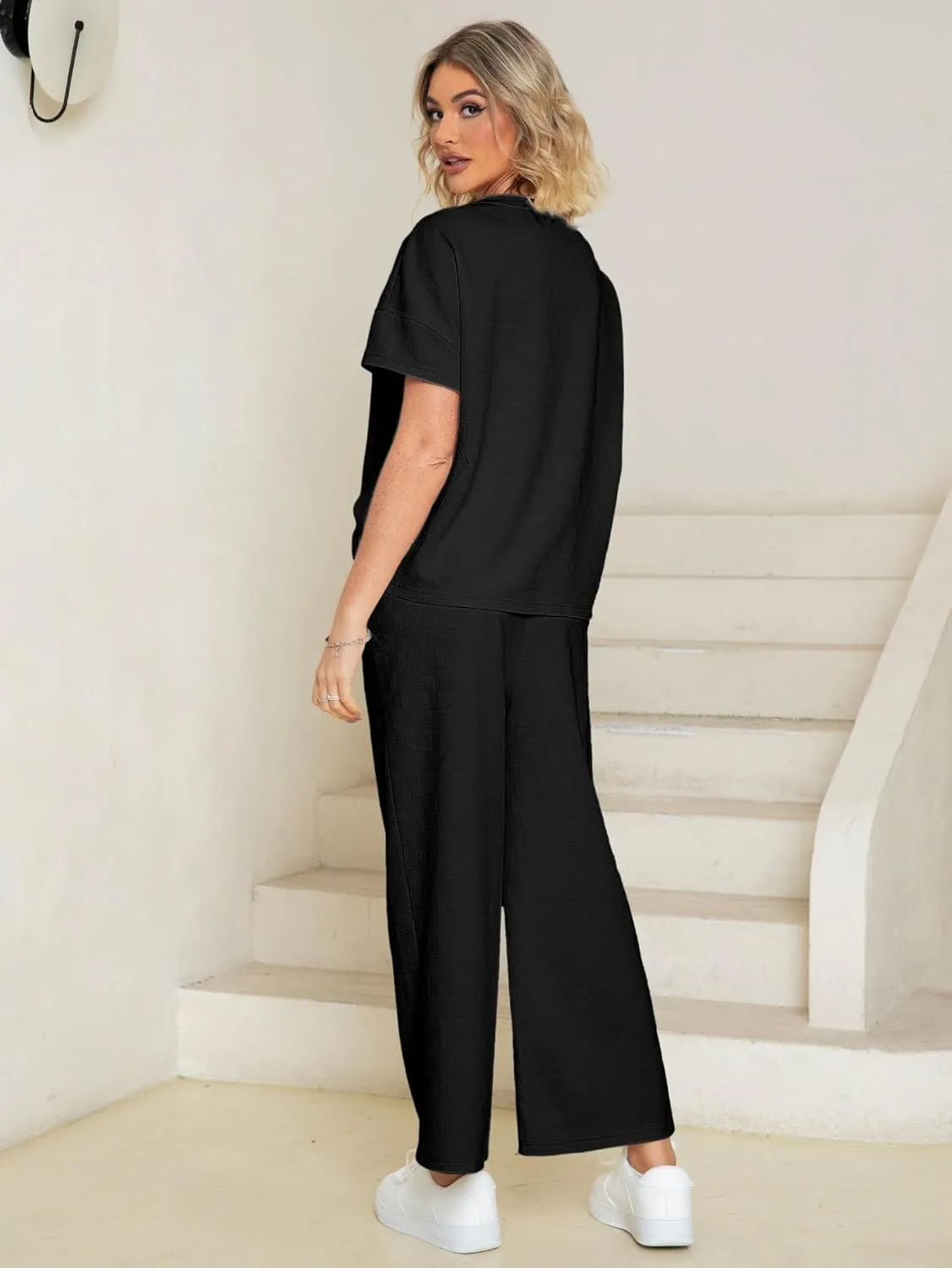 Glamaker Womens 2 Piece Outfits Lounge Sets Short Sleeve Loose Fit Top and Wide Leg Pants Set Sweatsuits Tracksuit