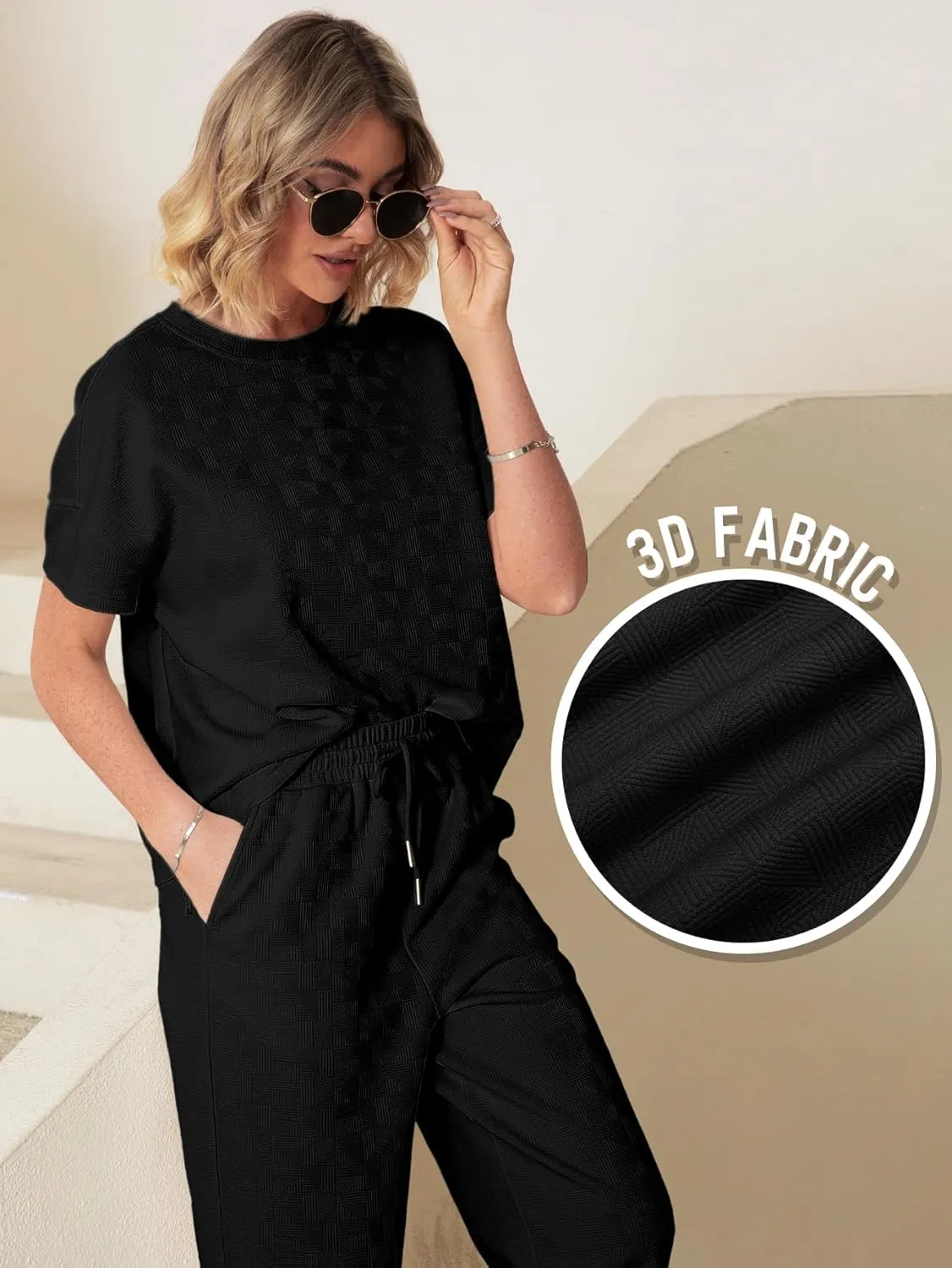 Glamaker Womens 2 Piece Outfits Lounge Sets Short Sleeve Loose Fit Top and Wide Leg Pants Set Sweatsuits Tracksuit