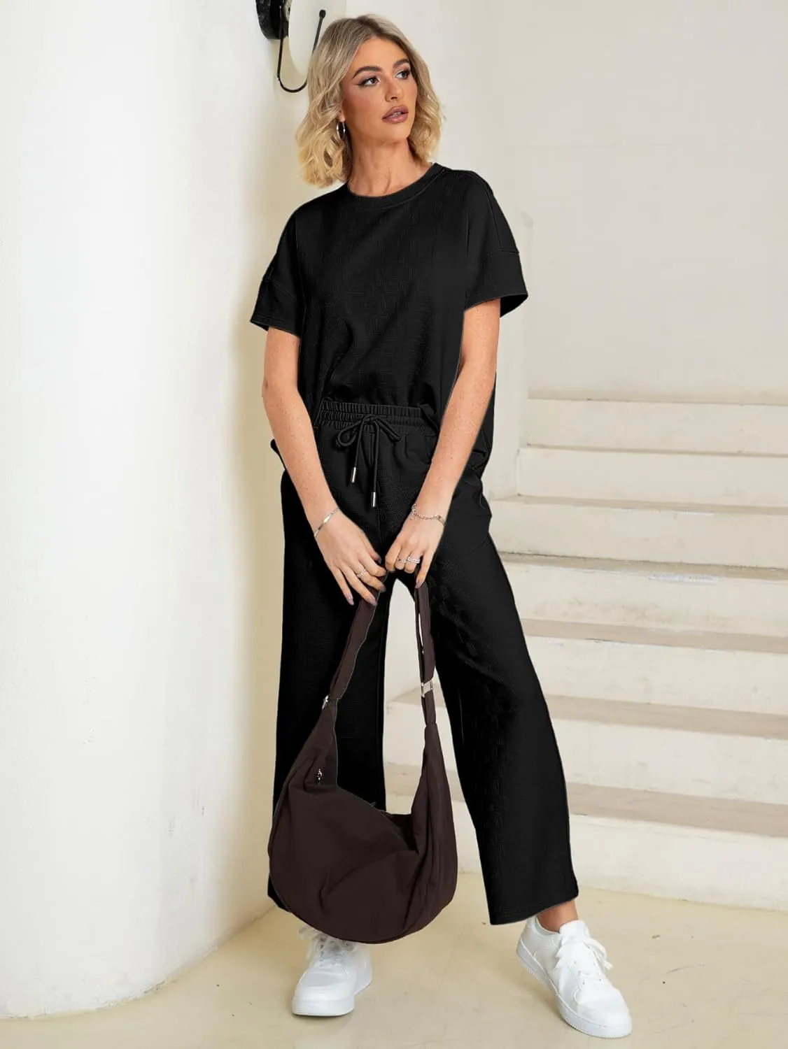 Glamaker Womens 2 Piece Outfits Lounge Sets Short Sleeve Loose Fit Top and Wide Leg Pants Set Sweatsuits Tracksuit