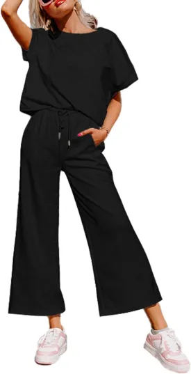 Glamaker Womens 2 Piece Outfits Lounge Sets Short Sleeve Loose Fit Top and Wide Leg Pants Set Sweatsuits Tracksuit
