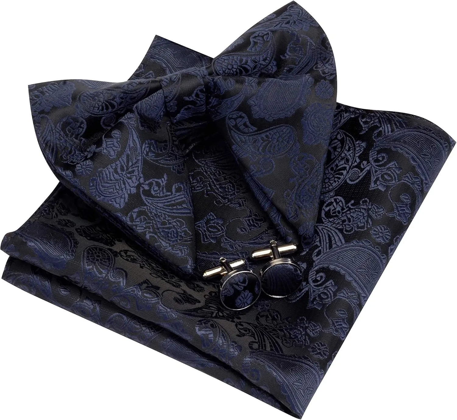 GUSLESON Fashion New Paisley Adjustable Pre-tied Big Bow Tie and Pocket Square Cufflink Set with Gift Box