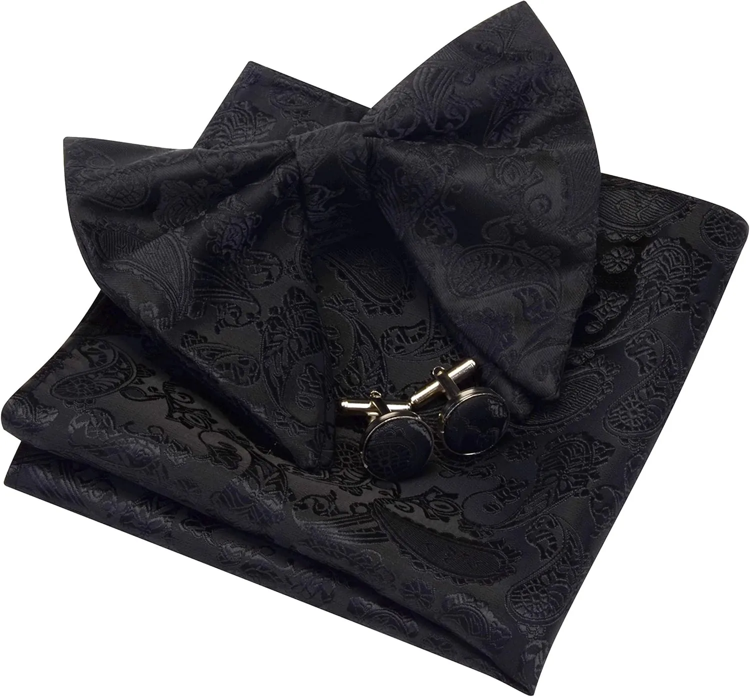 GUSLESON Fashion New Paisley Adjustable Pre-tied Big Bow Tie and Pocket Square Cufflink Set with Gift Box