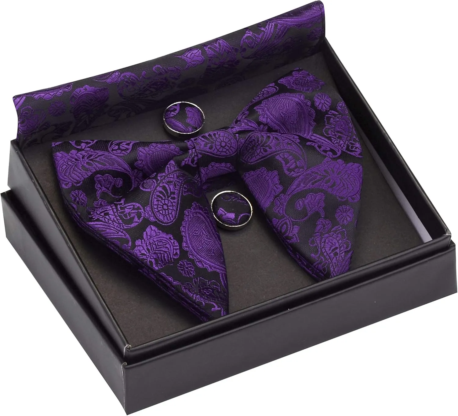GUSLESON Fashion New Paisley Adjustable Pre-tied Big Bow Tie and Pocket Square Cufflink Set with Gift Box