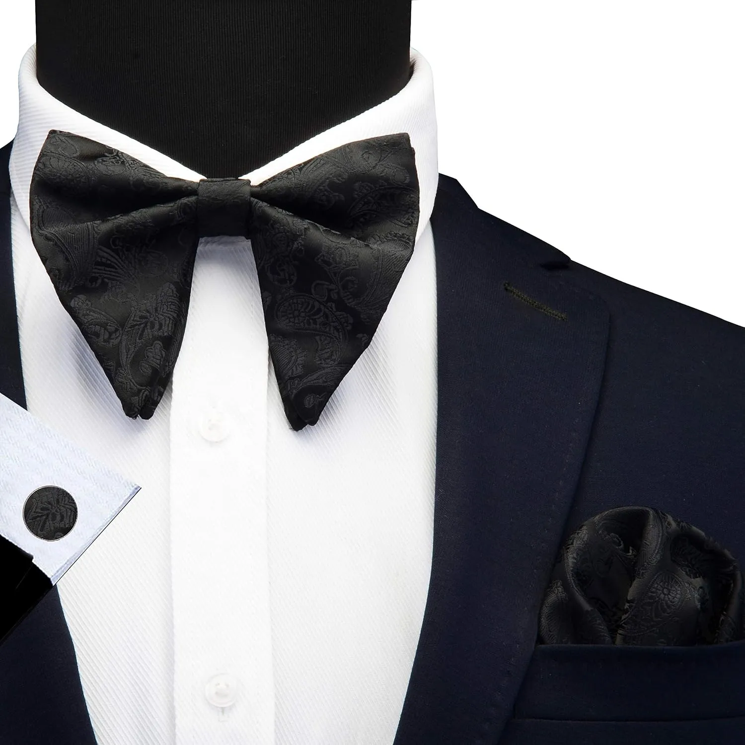 GUSLESON Fashion New Paisley Adjustable Pre-tied Big Bow Tie and Pocket Square Cufflink Set with Gift Box
