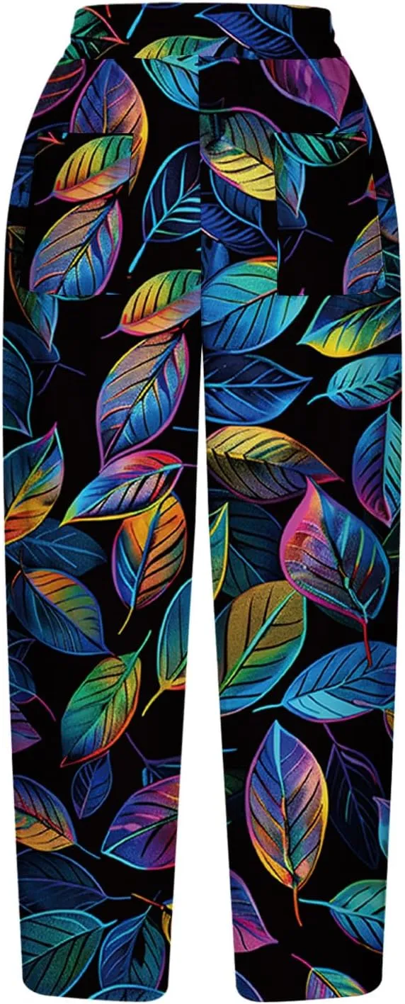 Hawaii Capri Pants for Women Casual Tropical Floral Print Pants Elastic High Waist Drawstring Summer Beach Trousers