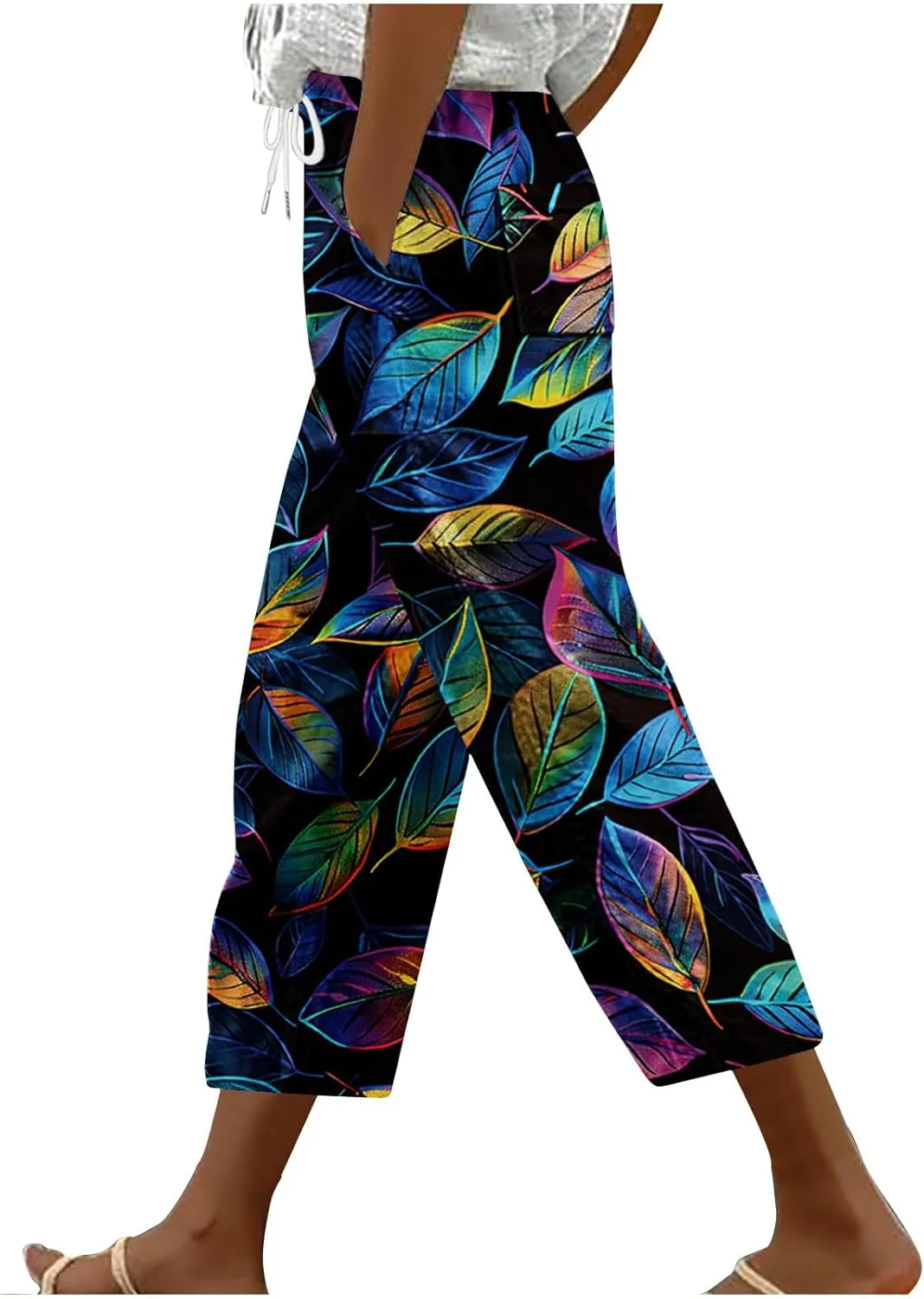 Hawaii Capri Pants for Women Casual Tropical Floral Print Pants Elastic High Waist Drawstring Summer Beach Trousers