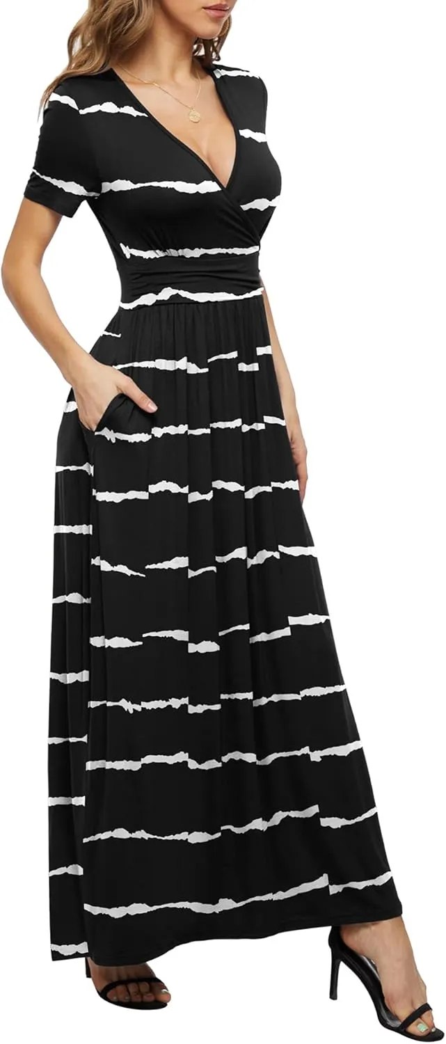 LILBETTER Women's Summer Short Sleeves Dress Wrap Waist Maxi Dresses with Pockets