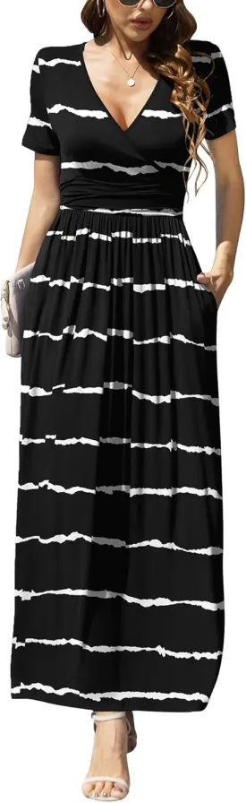 LILBETTER Women's Summer Short Sleeves Dress Wrap Waist Maxi Dresses with Pockets