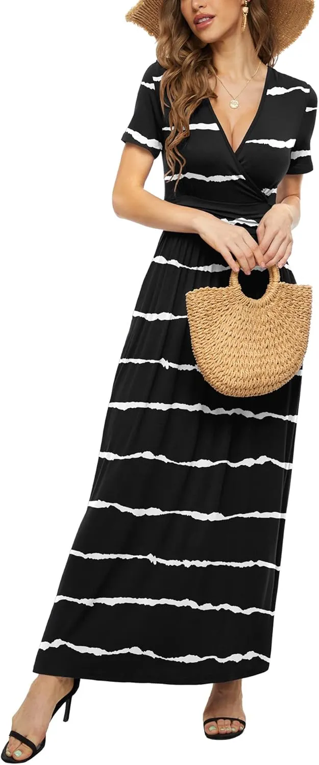 LILBETTER Women's Summer Short Sleeves Dress Wrap Waist Maxi Dresses with Pockets