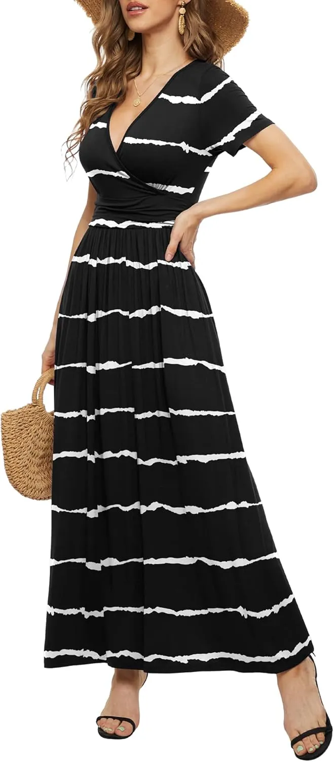LILBETTER Women's Summer Short Sleeves Dress Wrap Waist Maxi Dresses with Pockets