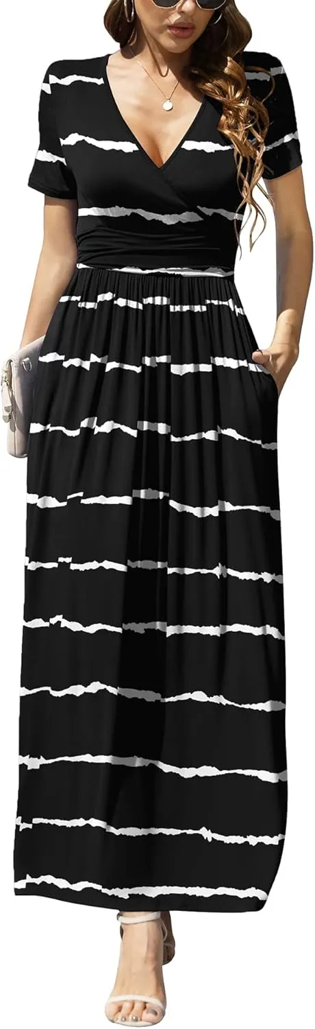 LILBETTER Women's Summer Short Sleeves Dress Wrap Waist Maxi Dresses with Pockets
