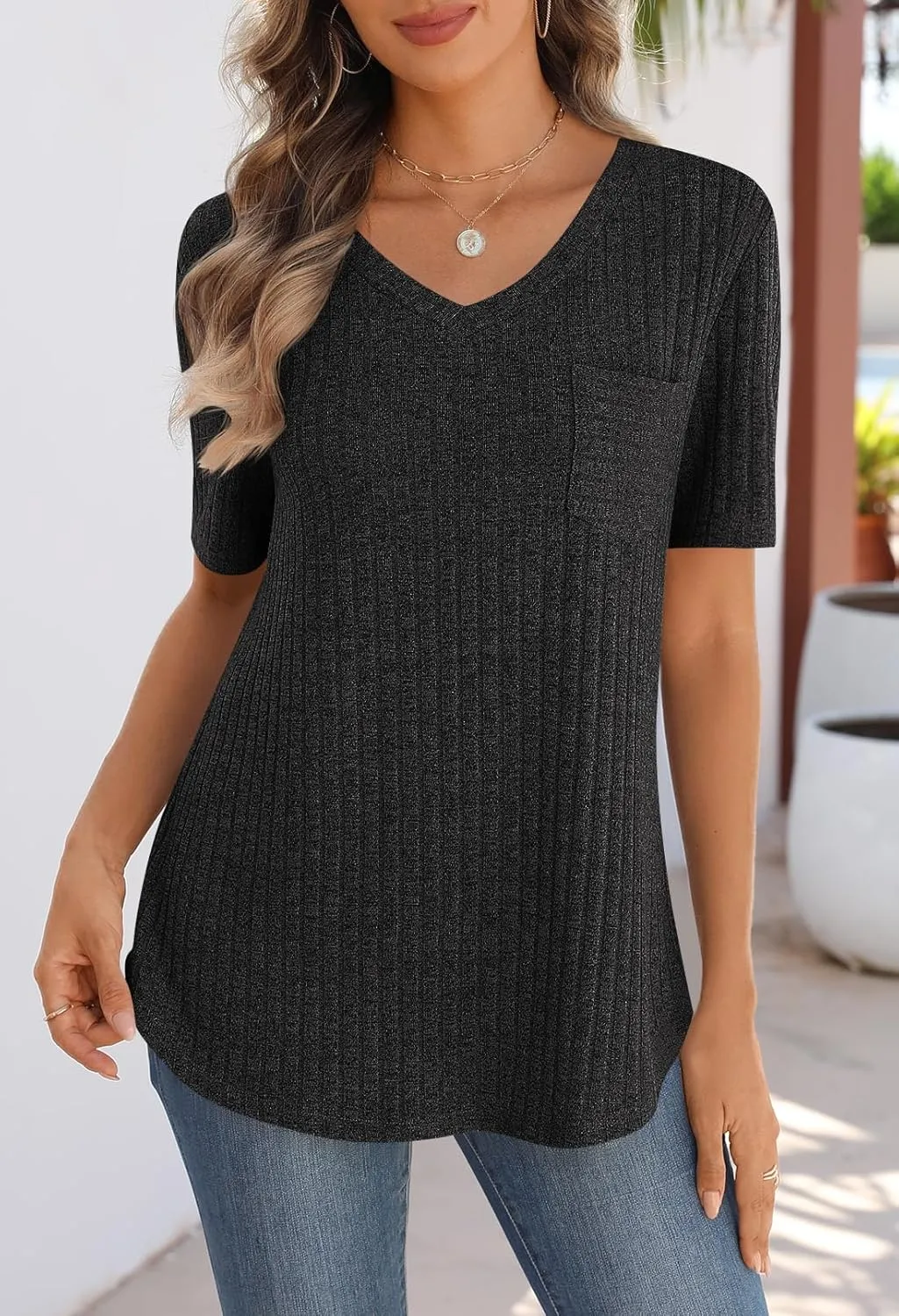 MEROKEETY Women's Short Sleeve V Neck T Shirts 2025 Summer Casual Business Loose Tunic Trendy Tops