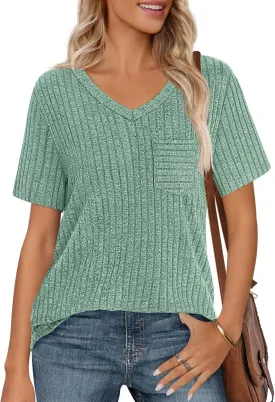 MEROKEETY Women's Short Sleeve V Neck T Shirts 2025 Summer Casual Business Loose Tunic Trendy Tops