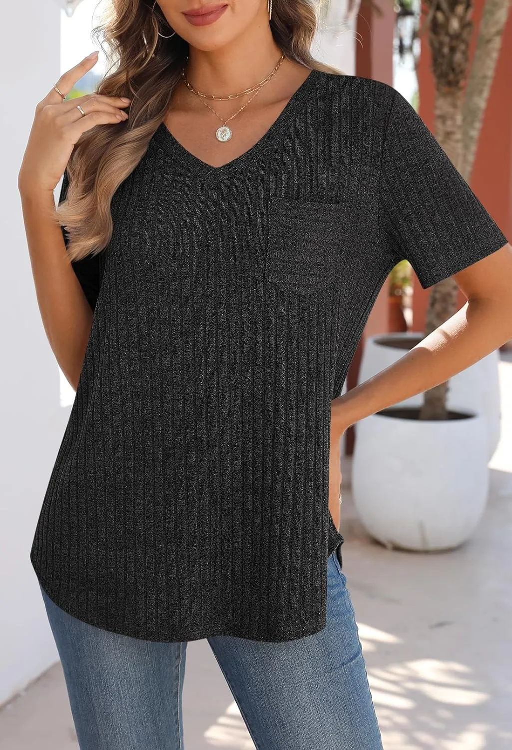 MEROKEETY Women's Short Sleeve V Neck T Shirts 2025 Summer Casual Business Loose Tunic Trendy Tops