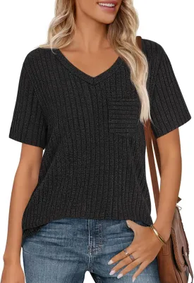 MEROKEETY Women's Short Sleeve V Neck T Shirts 2025 Summer Casual Business Loose Tunic Trendy Tops