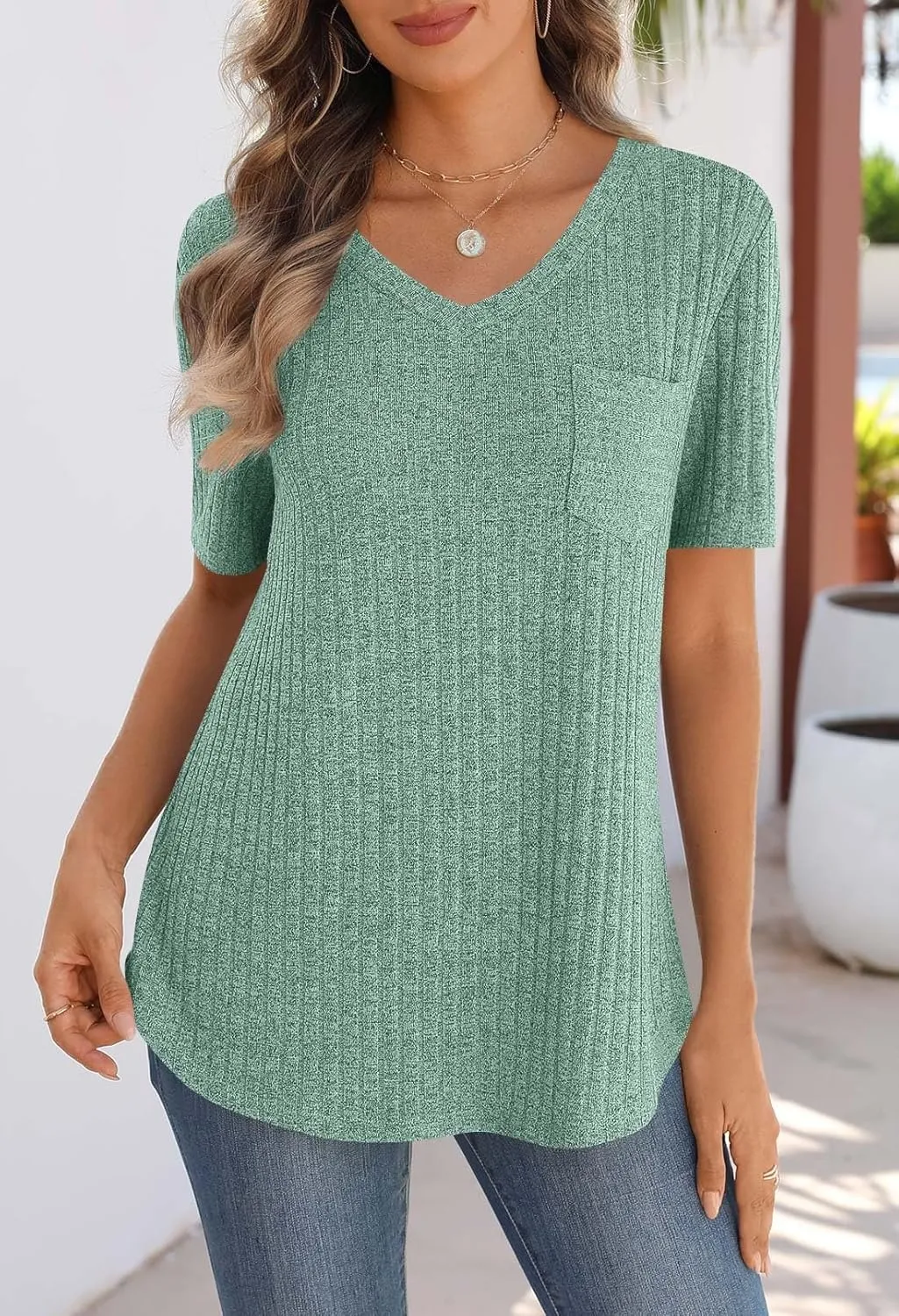 MEROKEETY Women's Short Sleeve V Neck T Shirts 2025 Summer Casual Business Loose Tunic Trendy Tops