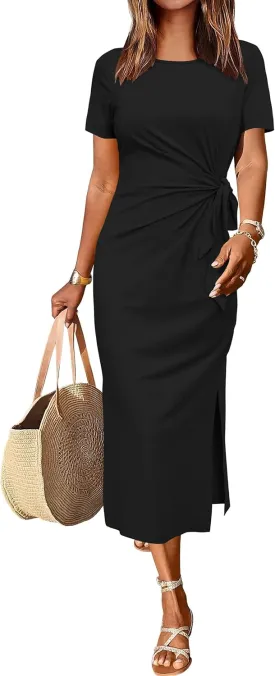 Newshows Women 2025 Summer Casual Dress Tie Waist T Shirt Short Sleeve Spring Crew Neck Slit Maxi Trendy